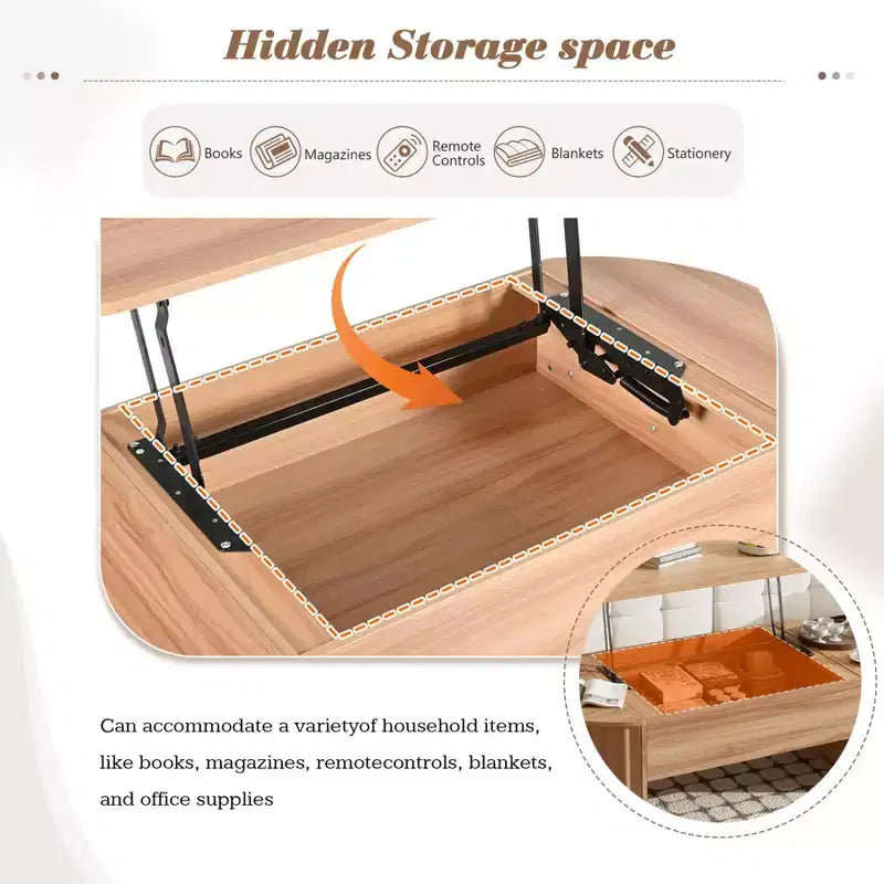 Table basse relevable de 47,2 po, table de centre ovale en bois avec rangement caché, table de salon moderne pour salon, chambre à coucher, bureau