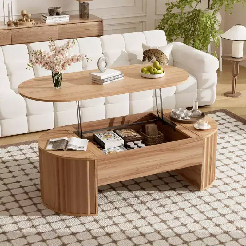 Table basse relevable de 47,2 po, table de centre ovale en bois avec rangement caché, table de salon moderne pour salon, chambre à coucher, bureau