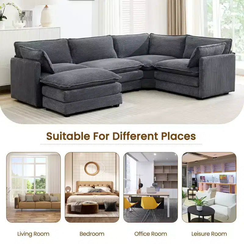 Canapé sectionnel modulaire moderne 5 places en velours côtelé, surdimensionné, 288 cm (L) x 201 cm (l), avec pouf, canapé en forme de U avec canapé d'angle, HYLEORY