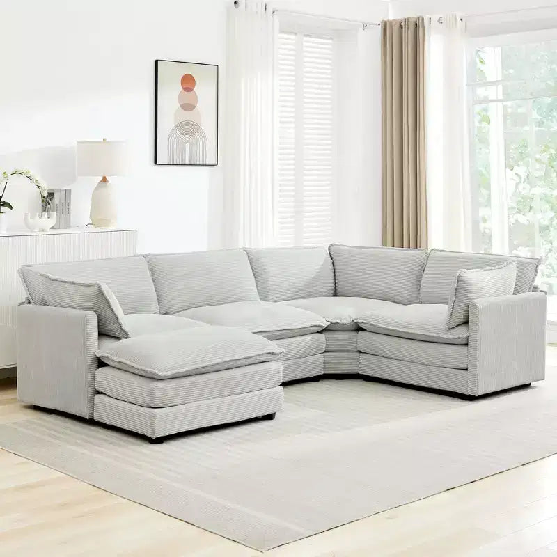 Canapé sectionnel modulaire moderne 5 places en velours côtelé, surdimensionné, 288 cm (L) x 201 cm (l), avec pouf, canapé en forme de U avec canapé d'angle, HYLEORY