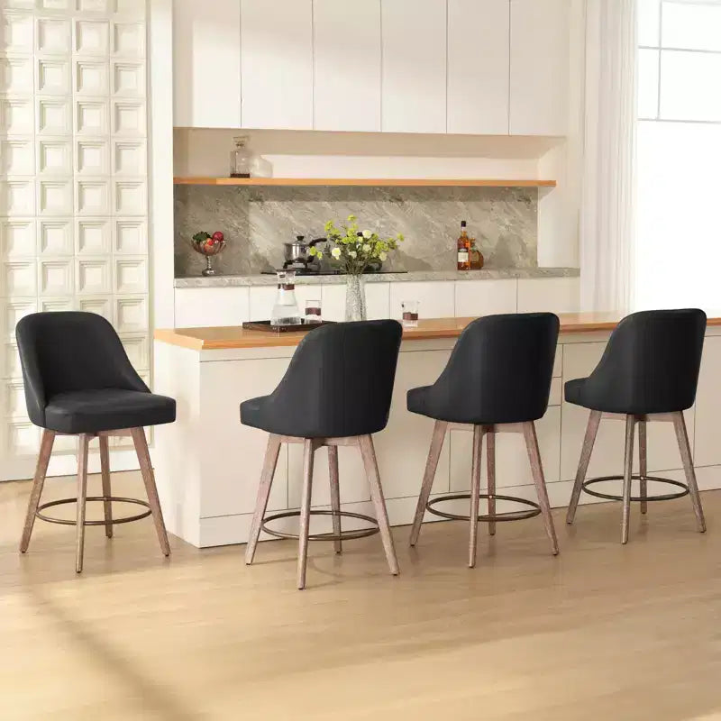 Lot de 4 tabourets de bar pivotants Bekrvio 26 pouces à hauteur de comptoir avec dossiers et pieds en bois, tabourets de bar rembourrés en tissu lin/similicuir pour îlot de cuisine
