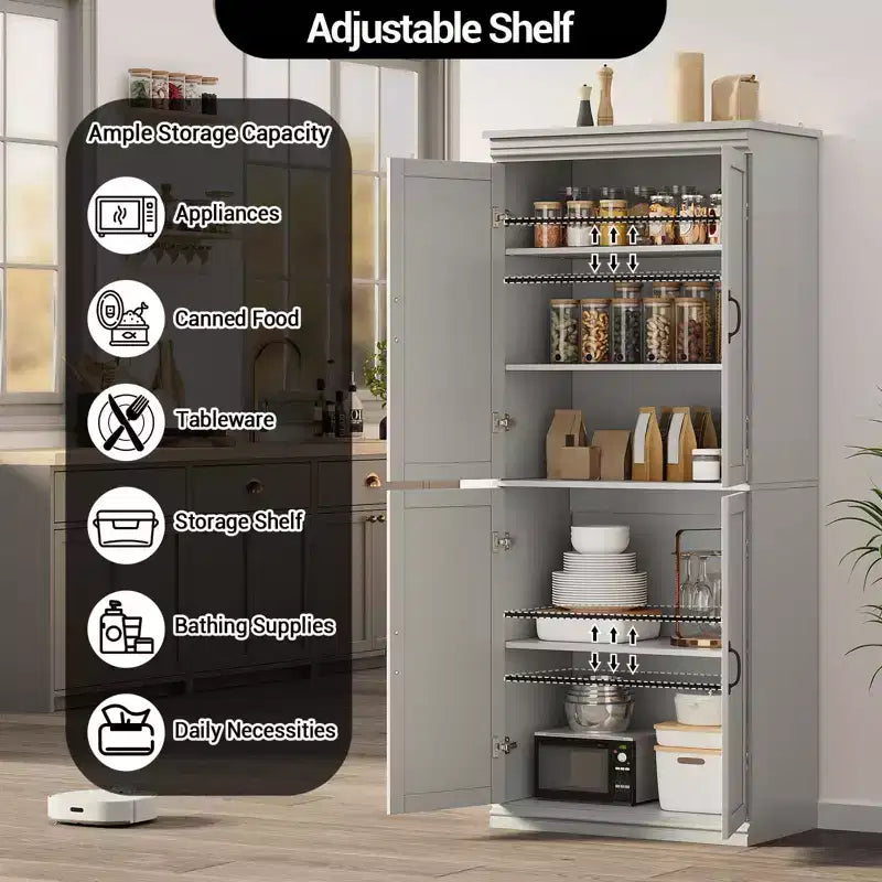 Meuble de rangement de cuisine autoportant, armoire de 178 cm avec portes et étagères réglables