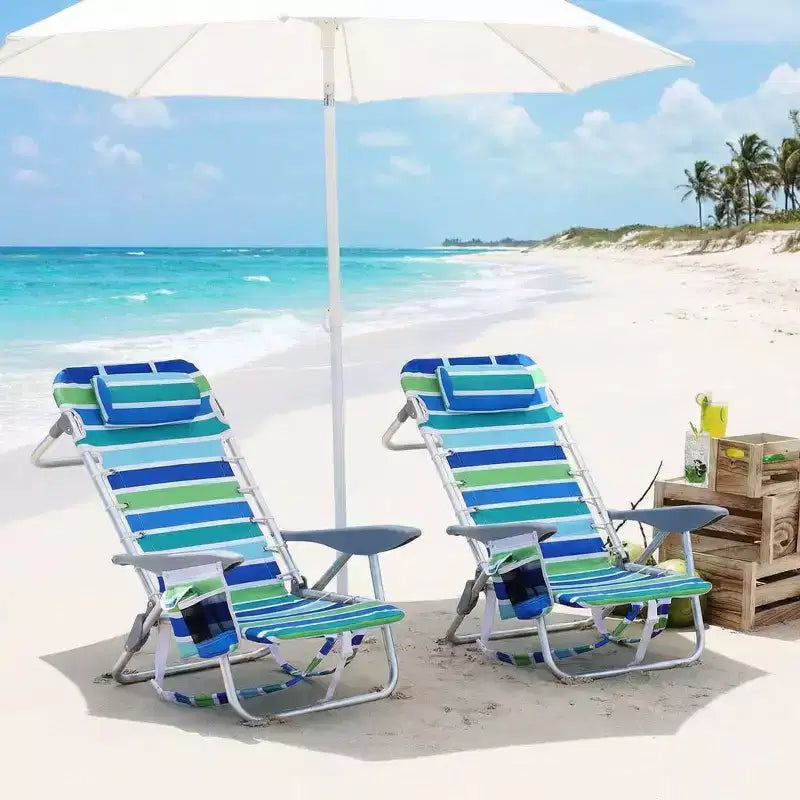 Chaise de plage pliante légère avec fonction sac à dos, inclinable à plat sur 5 positions, charge de 300 livres avec porte-gobelet, poche pour téléphone et barre porte-serviettes