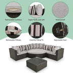 Ensemble de canapé d'extérieur moderne en osier 7 pièces avec table basse, coussins et oreillers rayés, idéal pour le patio, le jardin, la terrasse