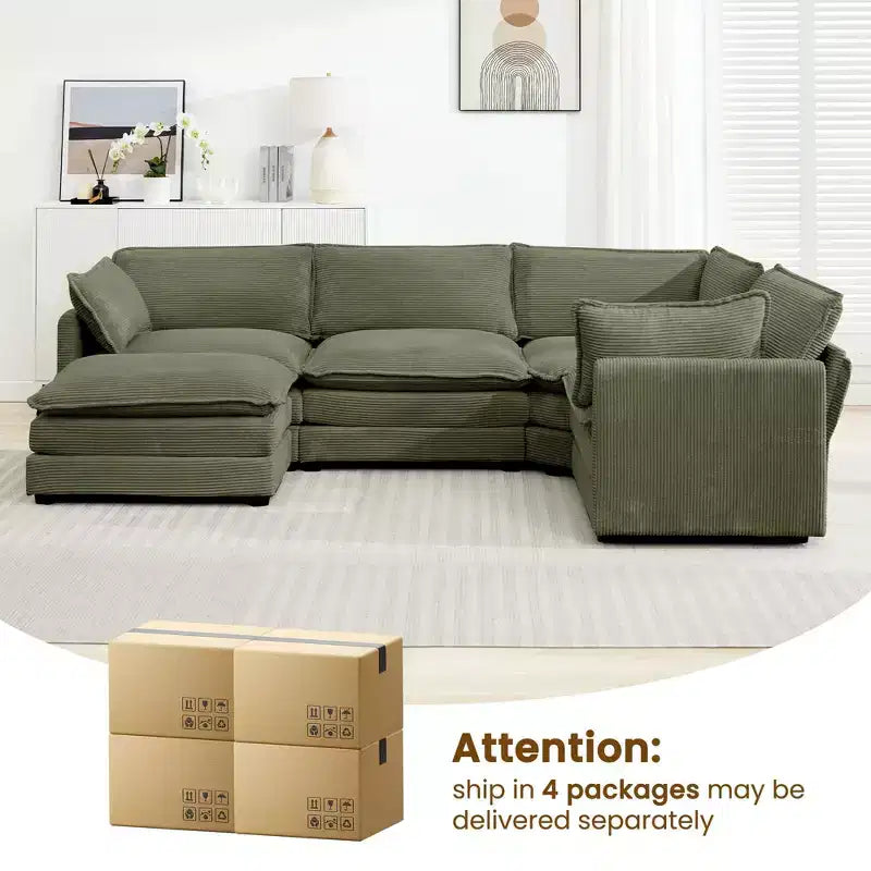 Canapé sectionnel modulaire moderne 5 places en velours côtelé, surdimensionné, 288 cm (L) x 201 cm (l), avec pouf, canapé en forme de U avec canapé d'angle, HYLEORY