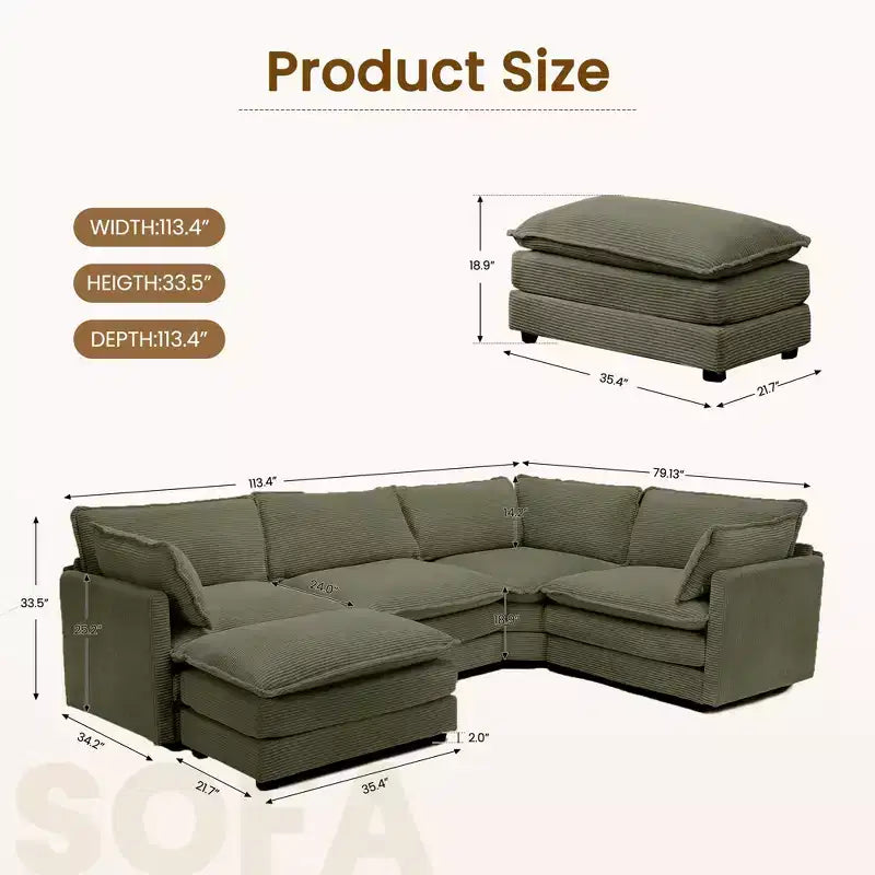 Canapé sectionnel modulaire moderne 5 places en velours côtelé, surdimensionné, 288 cm (L) x 201 cm (l), avec pouf, canapé en forme de U avec canapé d'angle, HYLEORY