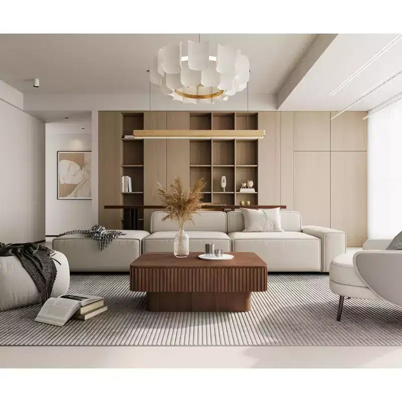 Table basse relevable cannelée JVNOXK 38,6 po avec rangement, table d'appoint moderne à hauteur réglable en placage de bois massif pour salon, chambre à coucher, noyer