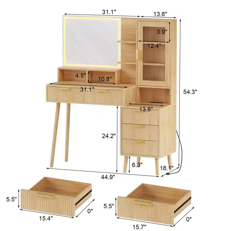 Coiffeuse avec prise de courant, Grande coiffeuse moderne cannelée avec miroir éclairé HD 23,6 pouces, 5 tiroirs et étagère de rangement