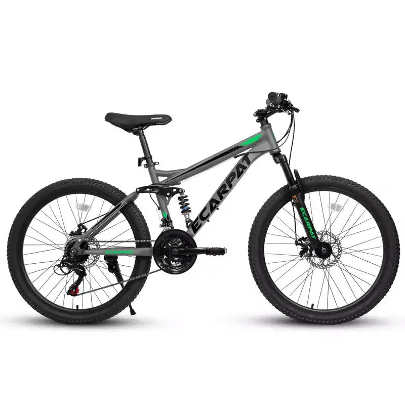 VTT Okak 24 pouces en acier au carbone avec suspension intégrale, vélo homme avec leviers de vitesses 21 vitesses et freins à disque, vélo pour enfants et adultes