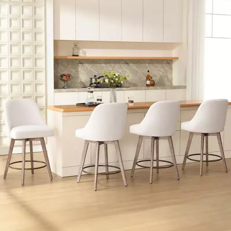 Lot de 4 tabourets de bar pivotants Bekrvio 26 pouces à hauteur de comptoir avec dossiers et pieds en bois, tabourets de bar rembourrés en tissu lin/similicuir pour îlot de cuisine