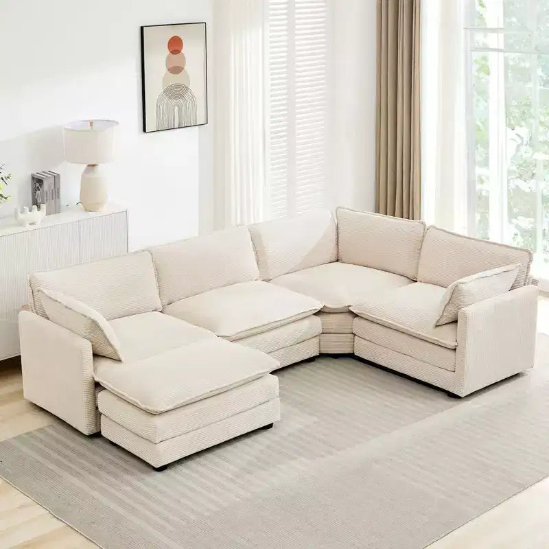 Canapé sectionnel modulaire moderne 5 places en velours côtelé, surdimensionné, 288 cm (L) x 201 cm (l), avec pouf, canapé en forme de U avec canapé d'angle, HYLEORY