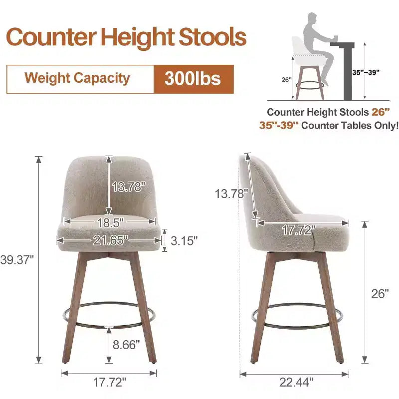 Lot de 4 tabourets de bar pivotants Bekrvio 26 pouces à hauteur de comptoir avec dossiers et pieds en bois, tabourets de bar rembourrés en tissu lin/similicuir pour îlot de cuisine