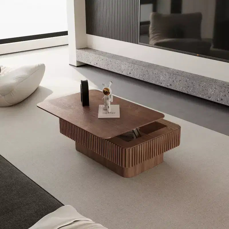 Table basse relevable cannelée JVNOXK 38,6 po avec rangement, table d'appoint moderne à hauteur réglable en placage de bois massif pour salon, chambre à coucher, noyer
