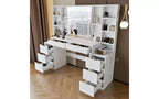 Coiffeuse de 59 pouces avec miroir lumineux, 8 tiroirs, étagères ouvertes pour chambre de fille, éclairage réglable, design peu encombrant