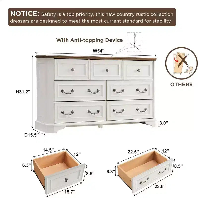 Commode à 7 tiroirs de 54 po pour chambre à coucher, coffre de rangement rustique vintage pour salon et couloir