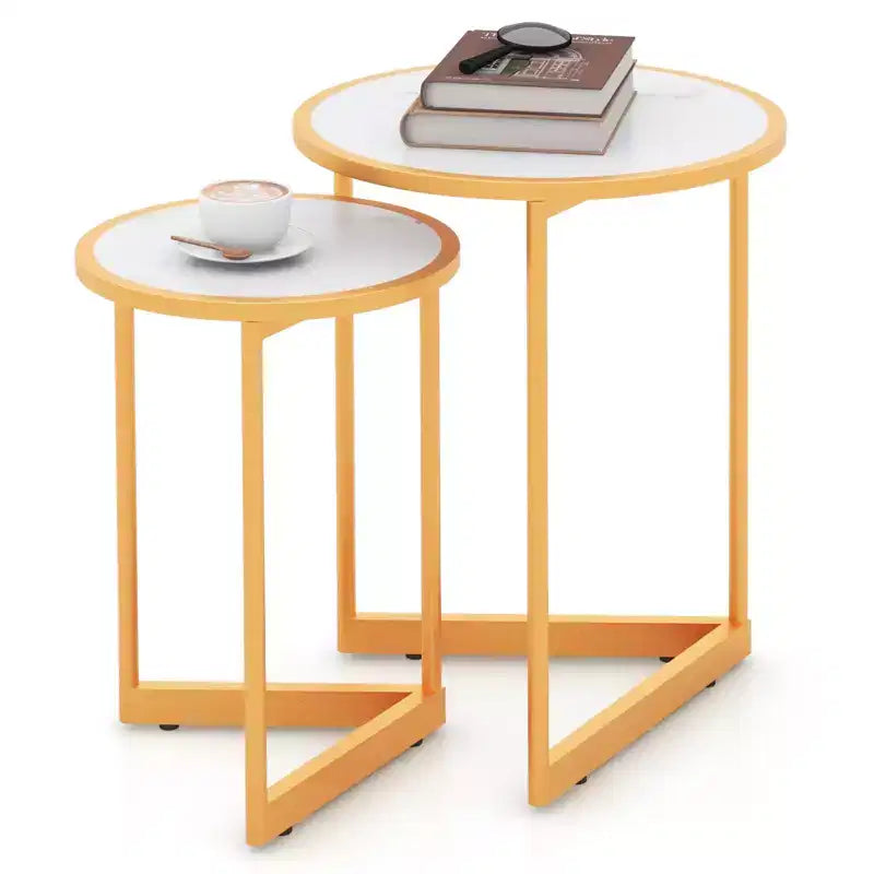 Costway Round Nesting Table Set of 2 Modern Side End Table Space-saving V-shaped Base