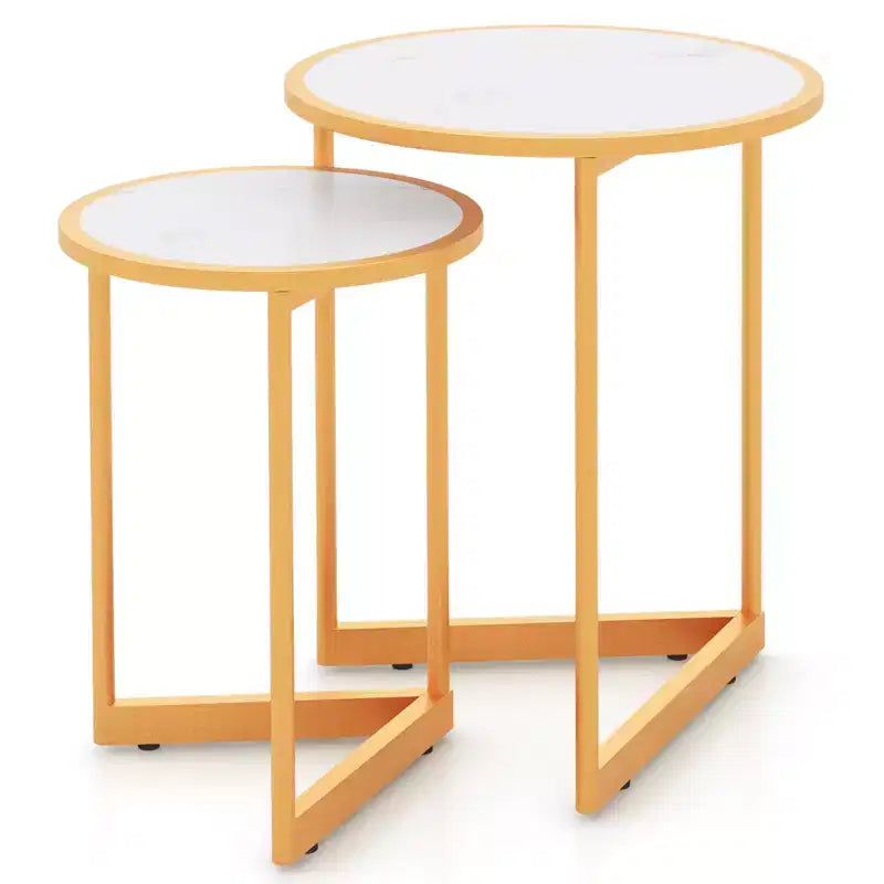 Tables gigognes rondes modernes en lot de 2, tables d'appoint peu encombrantes avec base en V