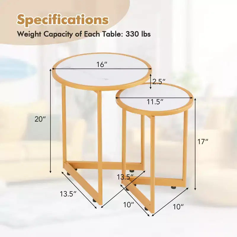 Tables gigognes rondes modernes en lot de 2, tables d'appoint peu encombrantes avec base en V