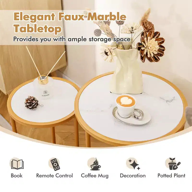 Tables gigognes rondes modernes en lot de 2, tables d'appoint peu encombrantes avec base en V