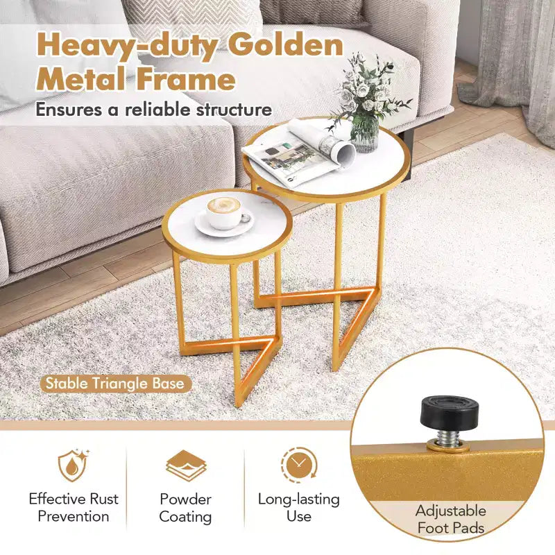 Tables gigognes rondes modernes en lot de 2, tables d'appoint peu encombrantes avec base en V