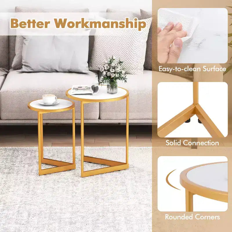 Tables gigognes rondes modernes en lot de 2, tables d'appoint peu encombrantes avec base en V