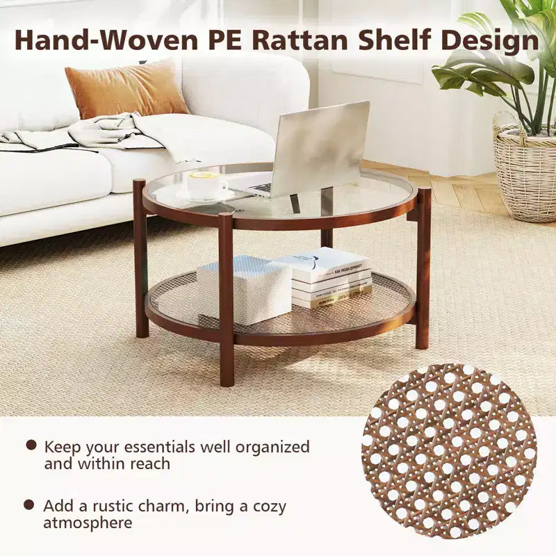 Table basse ronde de 31 po avec plateau en verre trempé et étagère en rotin
