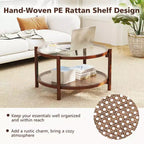 Table basse ronde de 31 po avec plateau en verre trempé et étagère en rotin