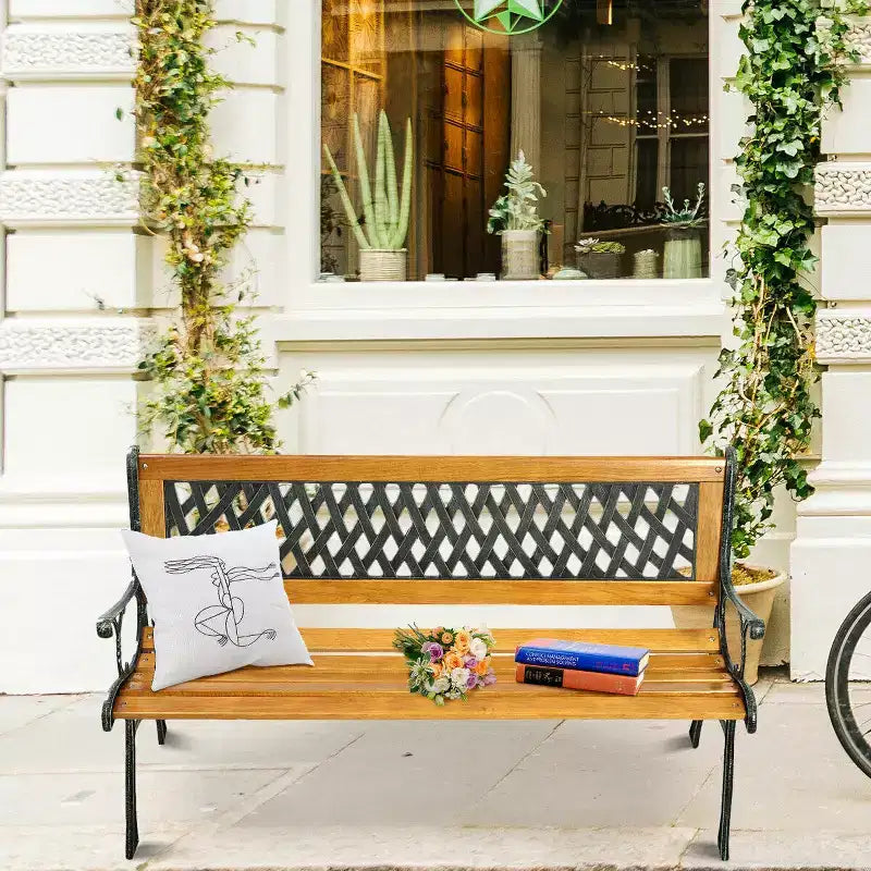 Banc de jardin Costway 126 cm pour patio, parc, porche, allée, terrasse, en fonte et bois dur
