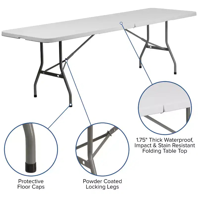 Ensemble Emma and Oliver de 8 tables pliantes en plastique blanc de type « bi-fold » pour événement/formation avec 10 chaises pliantes
