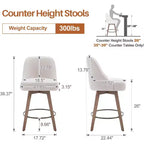 Lot de 4 tabourets de bar pivotants Bekrvio 26 pouces à hauteur de comptoir avec dossiers et pieds en bois, tabourets de bar rembourrés en tissu lin/similicuir pour îlot de cuisine