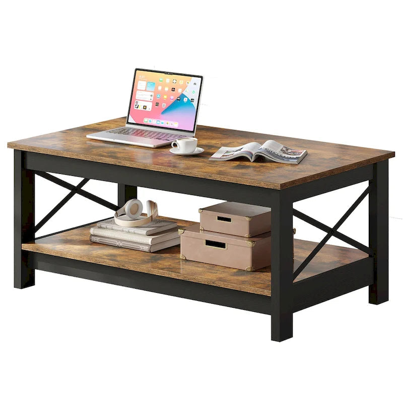Table basse d'appoint en bois style rustique avec grande étagère de rangement