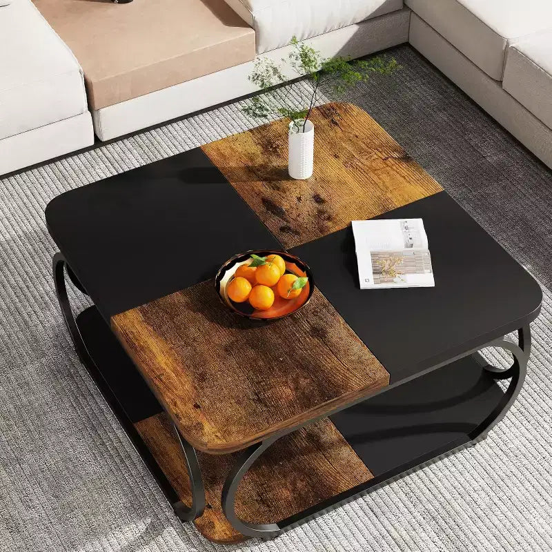 Table basse carrée de 40 pouces à 2 niveaux, table basse de style ferme avec étagère de rangement pour salon, marron rustique noir
