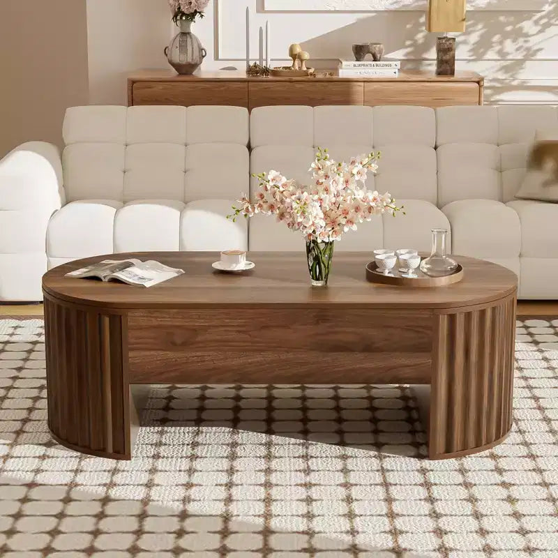 Table basse relevable de 47,2 po, table de centre ovale en bois avec rangement caché, table de salon moderne pour salon, chambre à coucher, bureau