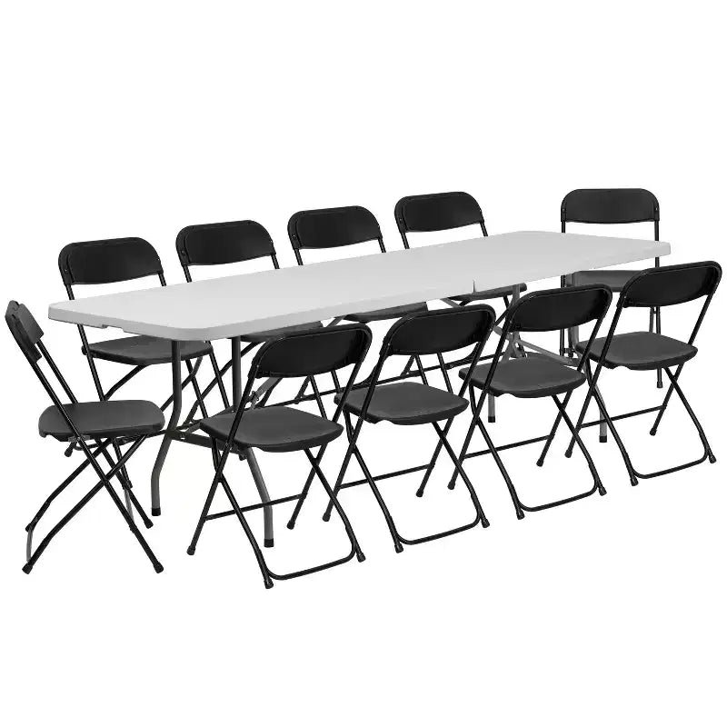 Ensemble Emma and Oliver de 8 tables pliantes en plastique blanc de type « bi-fold » pour événement/formation avec 10 chaises pliantes