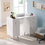 Table de manucure de 42 po pour prothésiste ongulaire avec dépoussiéreur et repose-poignet, table à ongles avec casier vertical coulissant, 1 armoire de rangement, 2 tiroirs