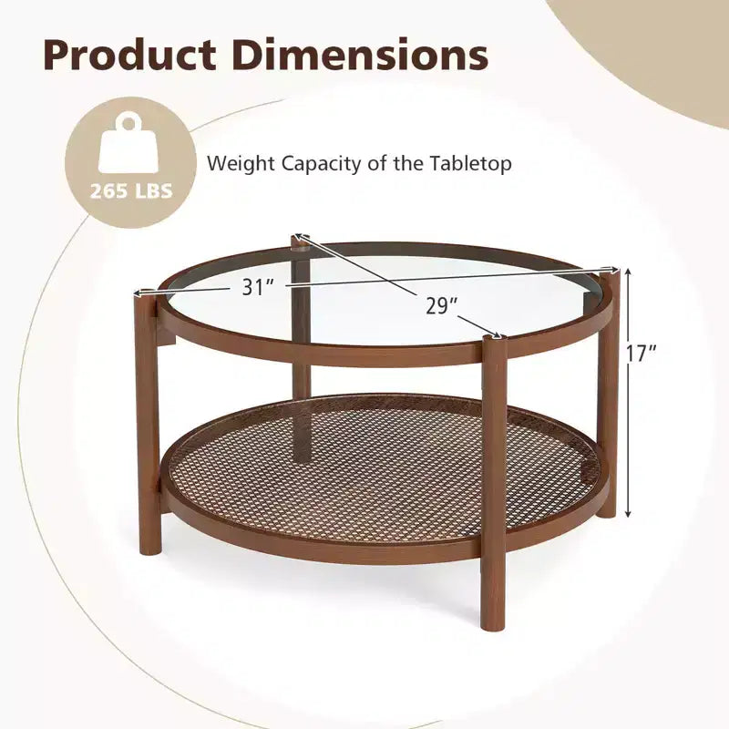 Table basse ronde de 31 po avec plateau en verre trempé et étagère en rotin