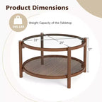 Table basse ronde de 31 po avec plateau en verre trempé et étagère en rotin