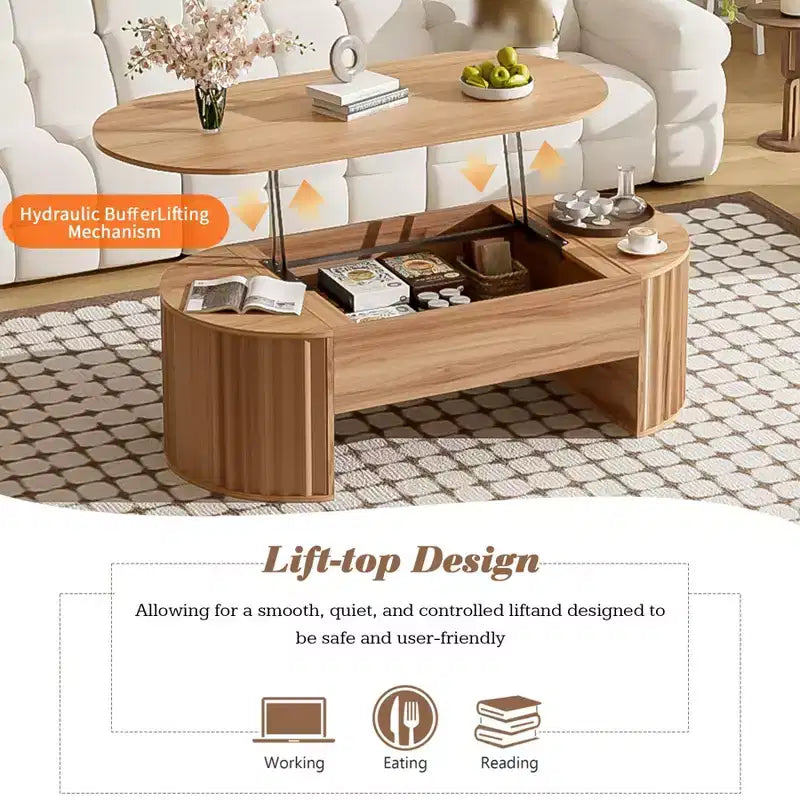 Table basse relevable de 47,2 po, table de centre ovale en bois avec rangement caché, table de salon moderne pour salon, chambre à coucher, bureau