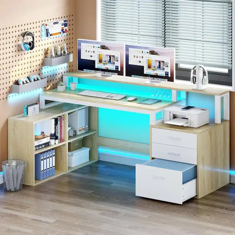 Bureau d'angle en L de 65 po avec DEL RVB, support pour moniteur et armoire de rangement – 1 personne | Blanc / Chêne / Gris anthracite / Noir