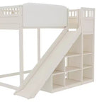 Lit mezzanine Bellemave avec tête de lit rembourrée et étagères de rangement, cadre de lit mezzanine en bois massif avec échelle et toboggan pour enfants