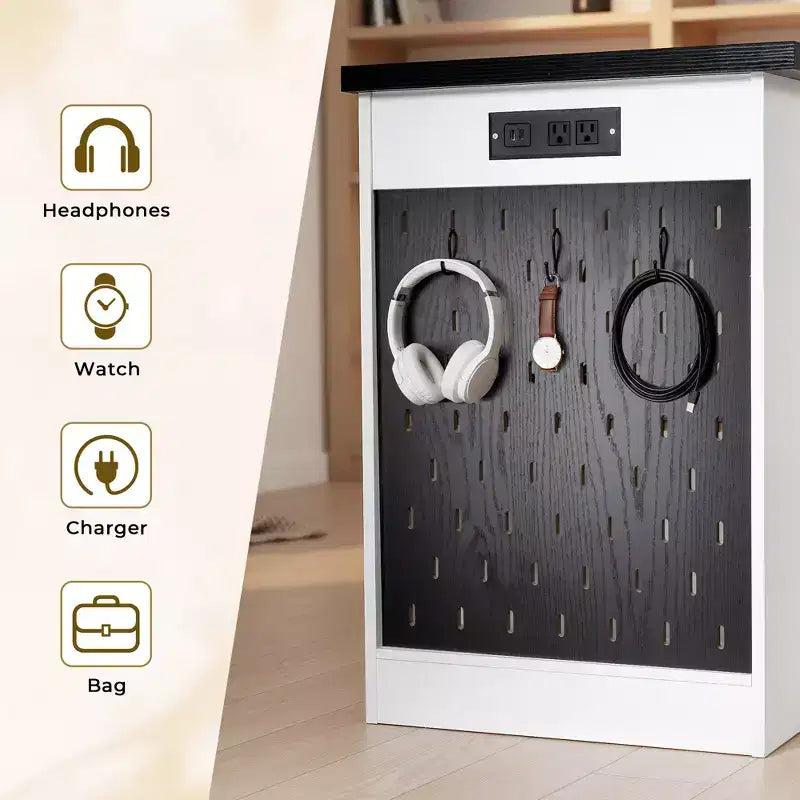 Bureau moderne cannelé GDFStudio Haoran 55 avec prise électrique, tablette pour clavier, porte et tiroirs