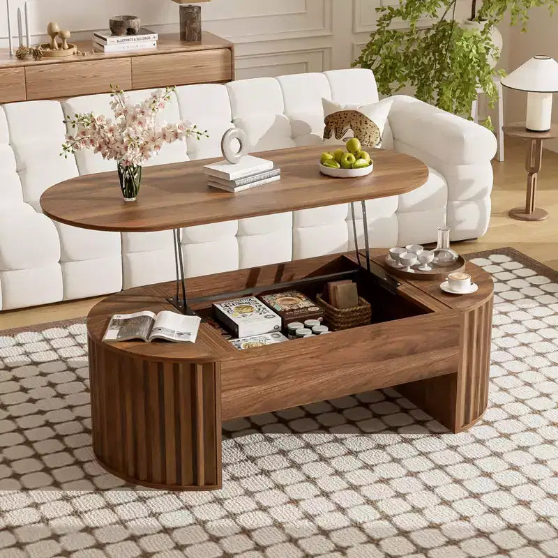 Table basse relevable de 47,2 po, table de centre ovale en bois avec rangement caché, table de salon moderne pour salon, chambre à coucher, bureau