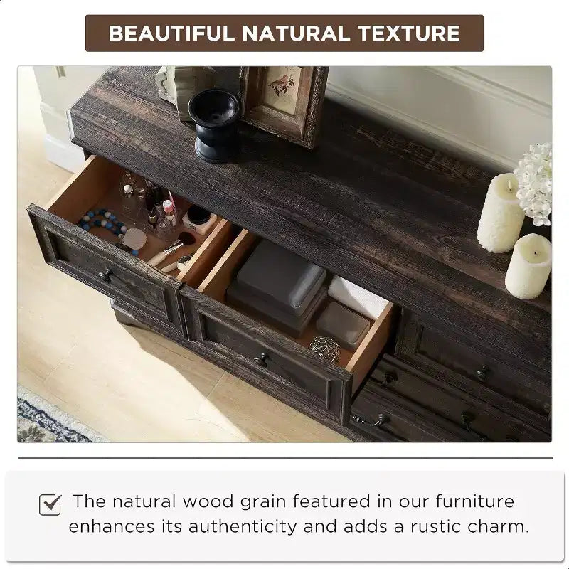 Commode à 7 tiroirs de 54 po pour chambre à coucher, coffre de rangement rustique vintage pour salon et couloir