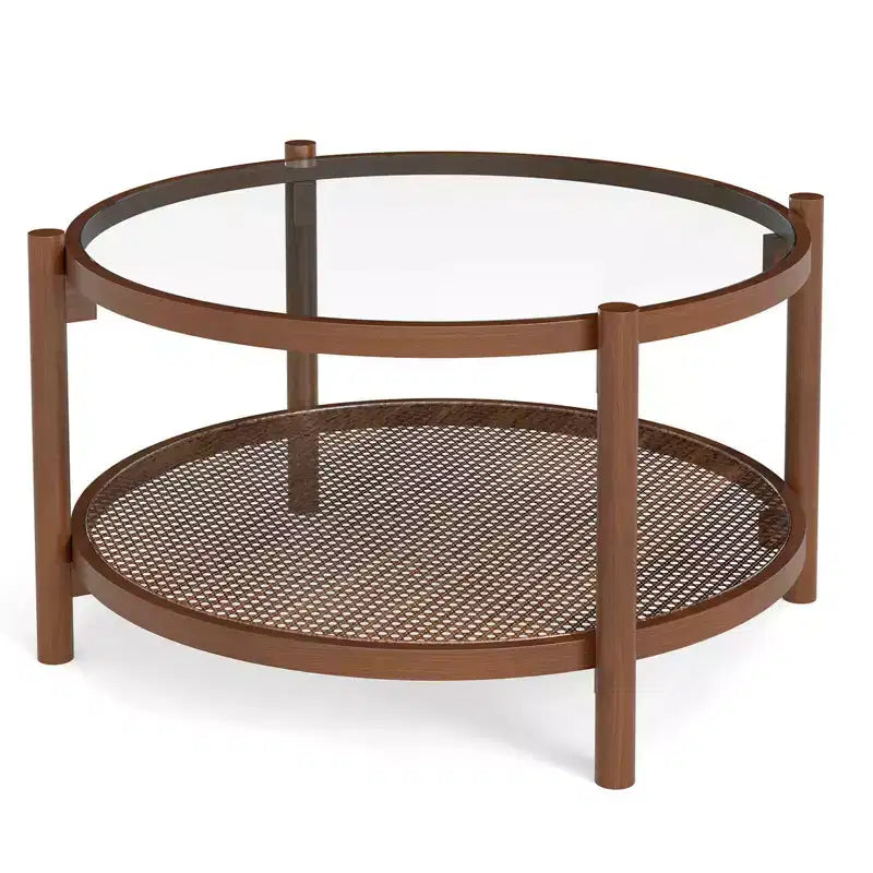 Table basse ronde de 31 po avec plateau en verre trempé et étagère en rotin