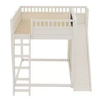Lit mezzanine Bellemave avec tête de lit rembourrée et étagères de rangement, cadre de lit mezzanine en bois massif avec échelle et toboggan pour enfants