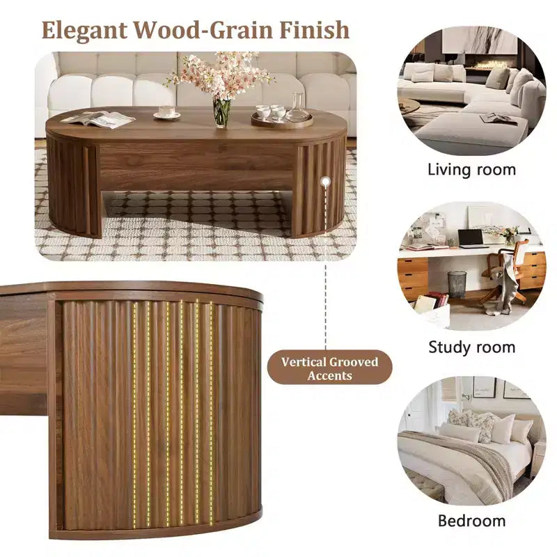 Table basse relevable de 47,2 po, table de centre ovale en bois avec rangement caché, table de salon moderne pour salon, chambre à coucher, bureau