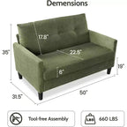 Dyonery 50, canapé Loveseat, 2 places pour bureau et petits espaces, assise profonde de 61 cm, cadre en bois massif certifié FSC, assemblage sans outils