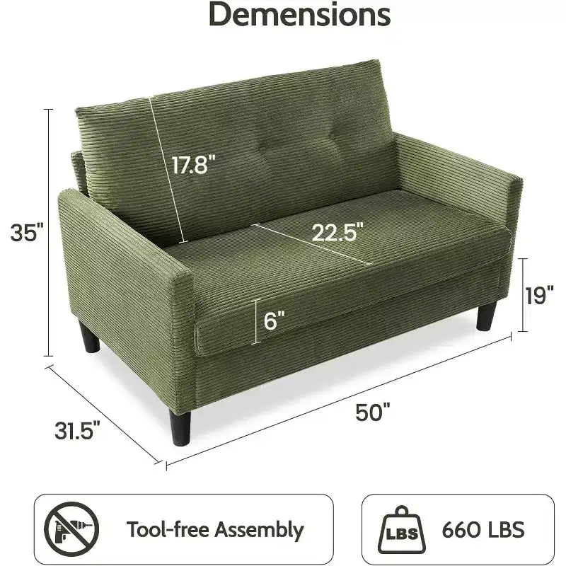 Dyonery 50, canapé Loveseat, 2 places pour bureau et petits espaces, assise profonde de 61 cm, cadre en bois massif certifié FSC, assemblage sans outils