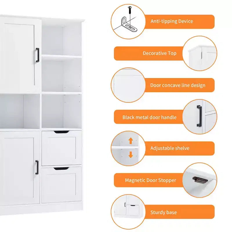 Meuble de rangement haut pour salle de bain 62", armoire de rangement sur pied avec tiroir et étagère réglable, meuble de rangement garde-manger pour salle de bain et salon