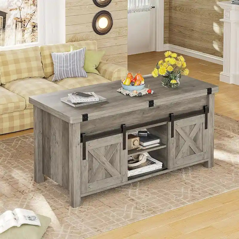 Table basse relevable 2 portes coulissantes style grange Table à manger avec rangement